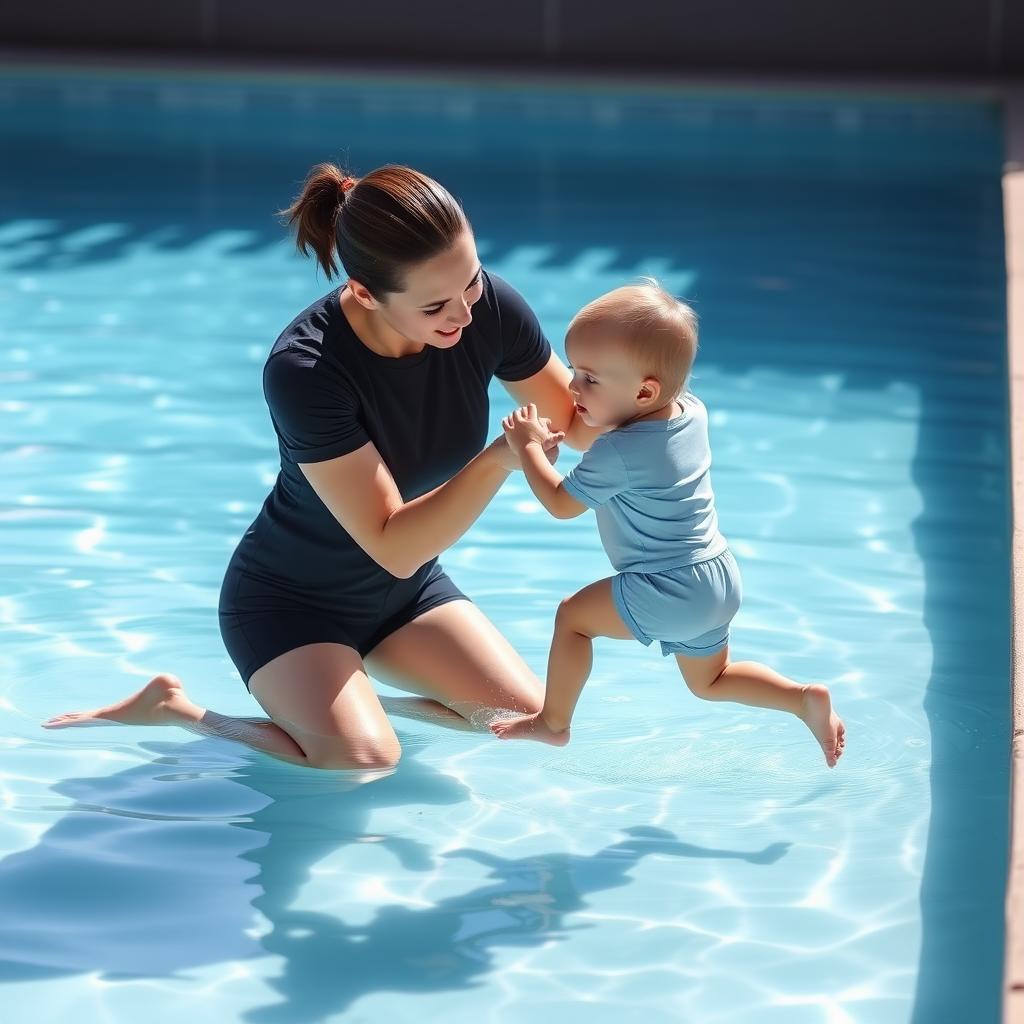 A parent teaching a toddler to swim safely in a pool.