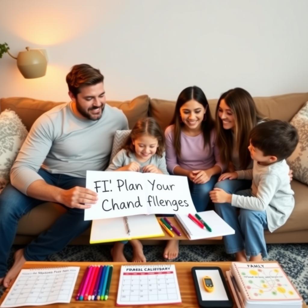A family of four sits on a couch in a cozy living room, planning a fitness challenge with a notebook and calendar.