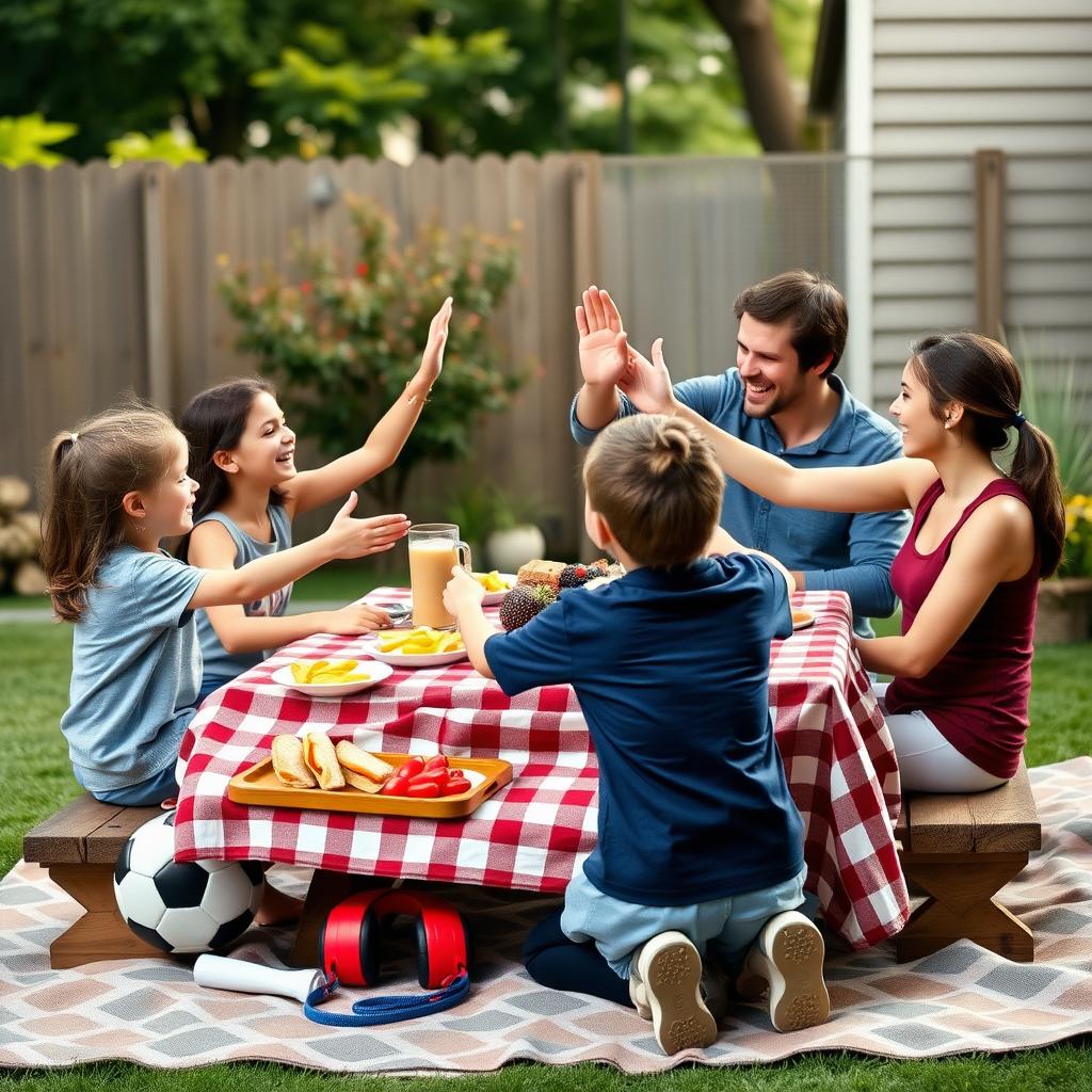 A family enjoys a picnic with healthy snacks in their backyard after a fitness activity, with sports equipment nearby.