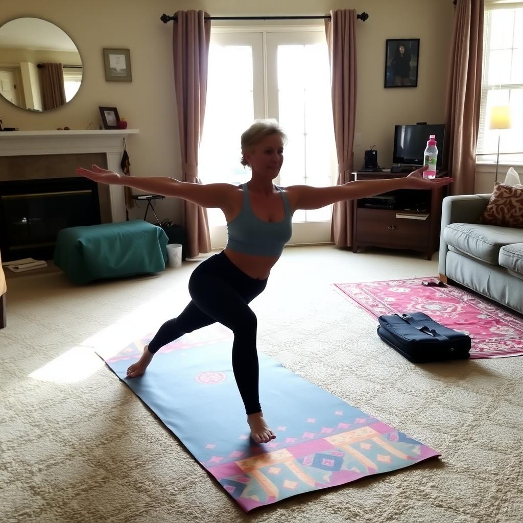 A person practicing beginner yoga on a mat in a sunlit living room.