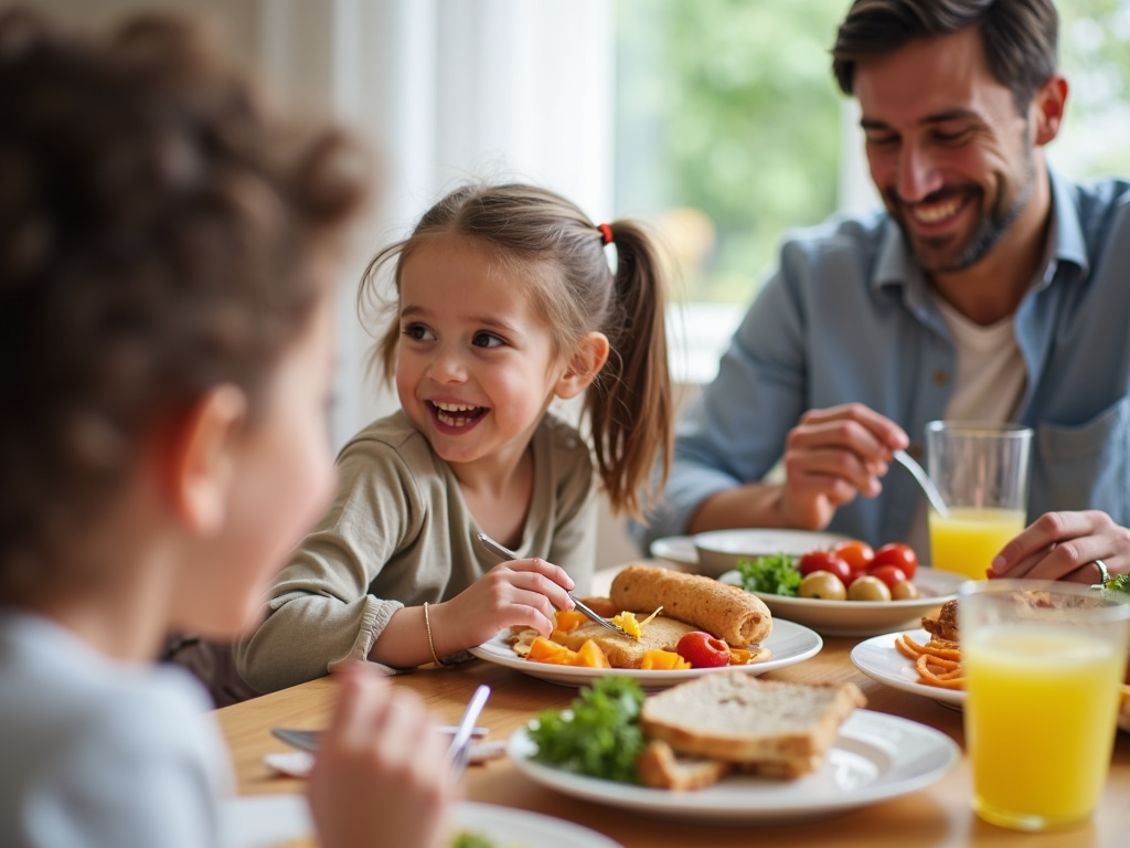 Family enjoying a meal with chronic FPIES-friendly foods