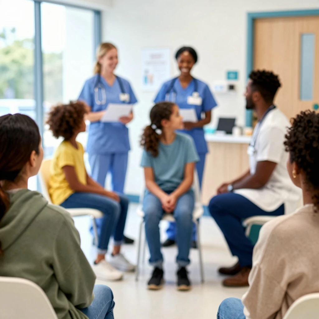 Diverse families accessing healthcare in a community clinic