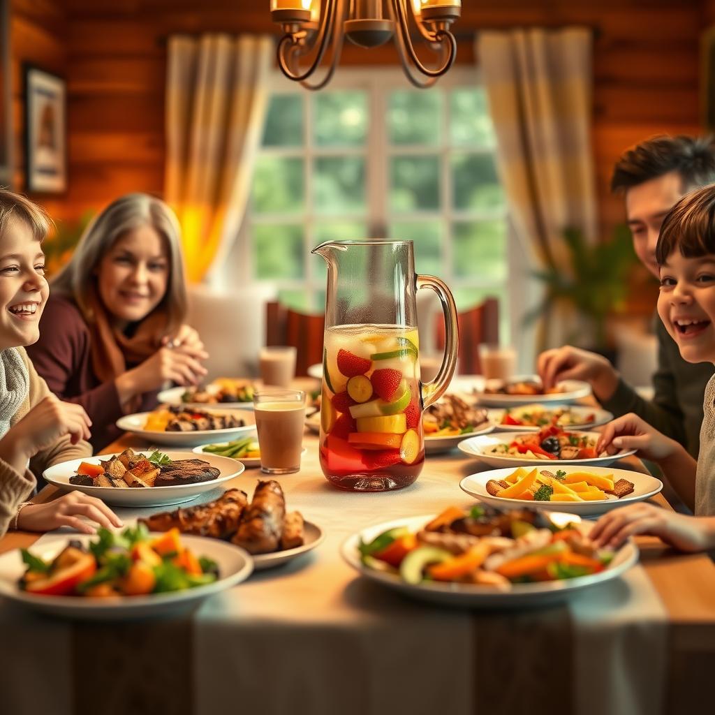 A family dining on an allergy-friendly meal with grilled meats and vegetables.