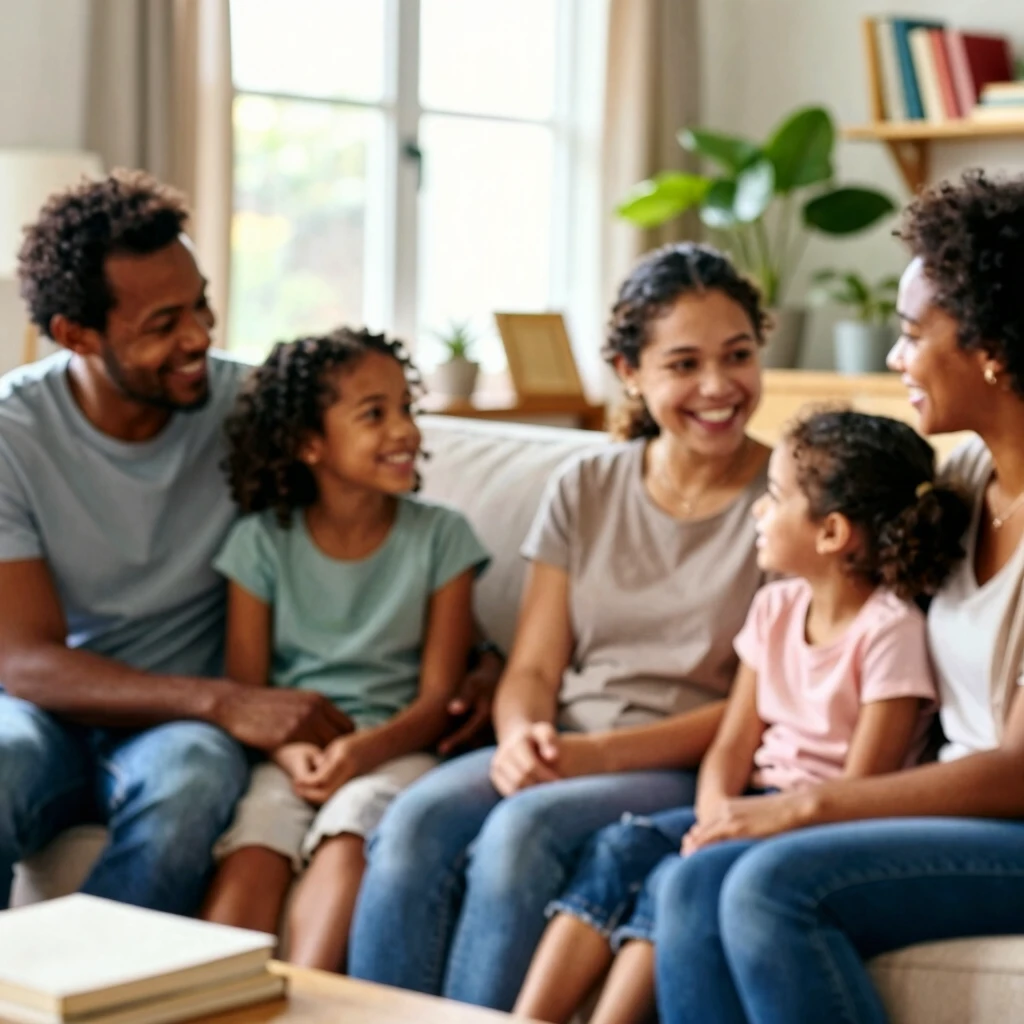 Family discussing feelings in a comfortable home setting