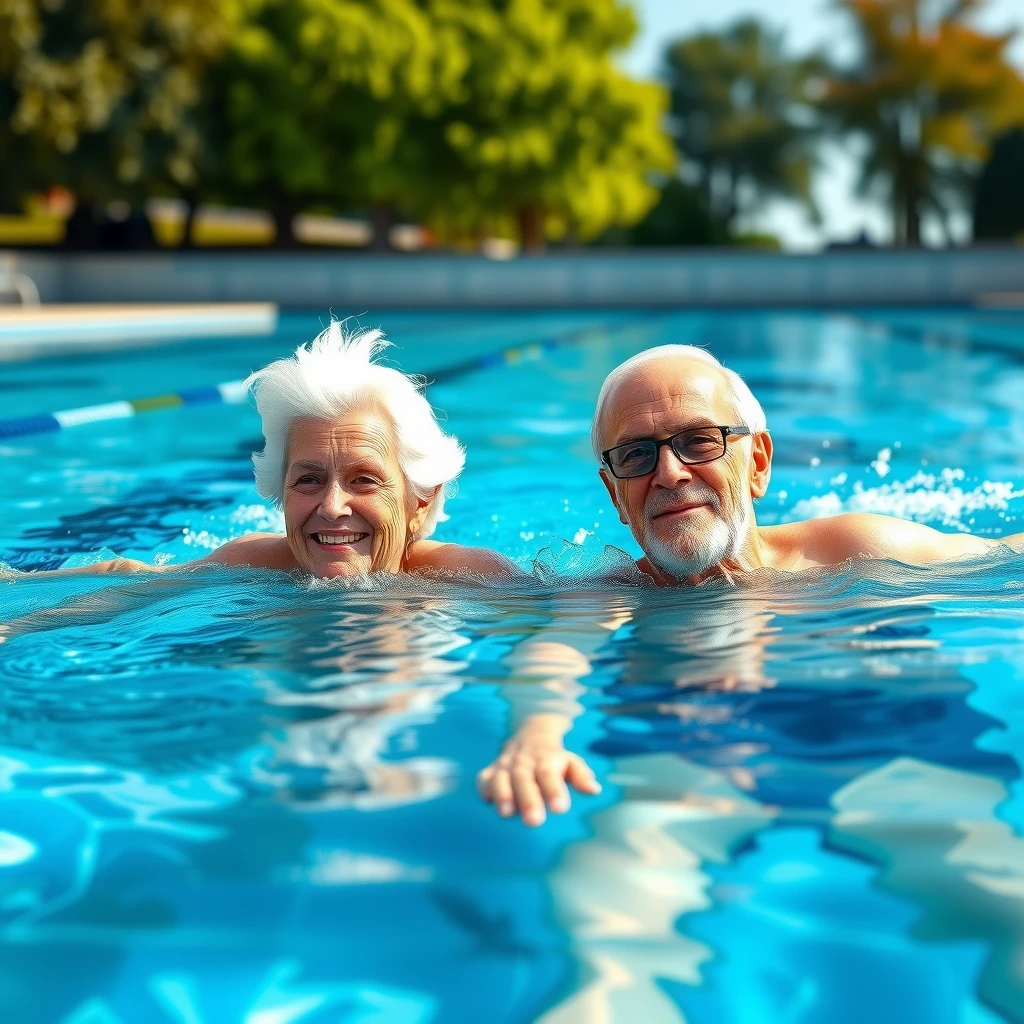 Elderly couple swimming for health benefits