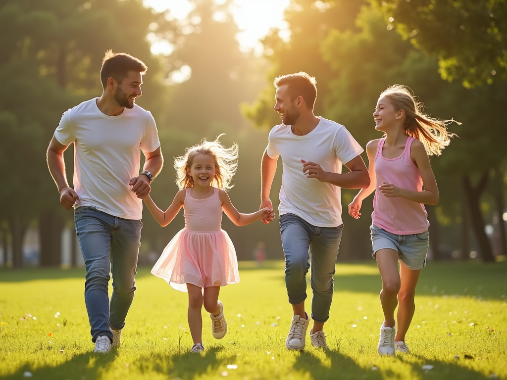 Family running together in a park, enjoying a sunny day.