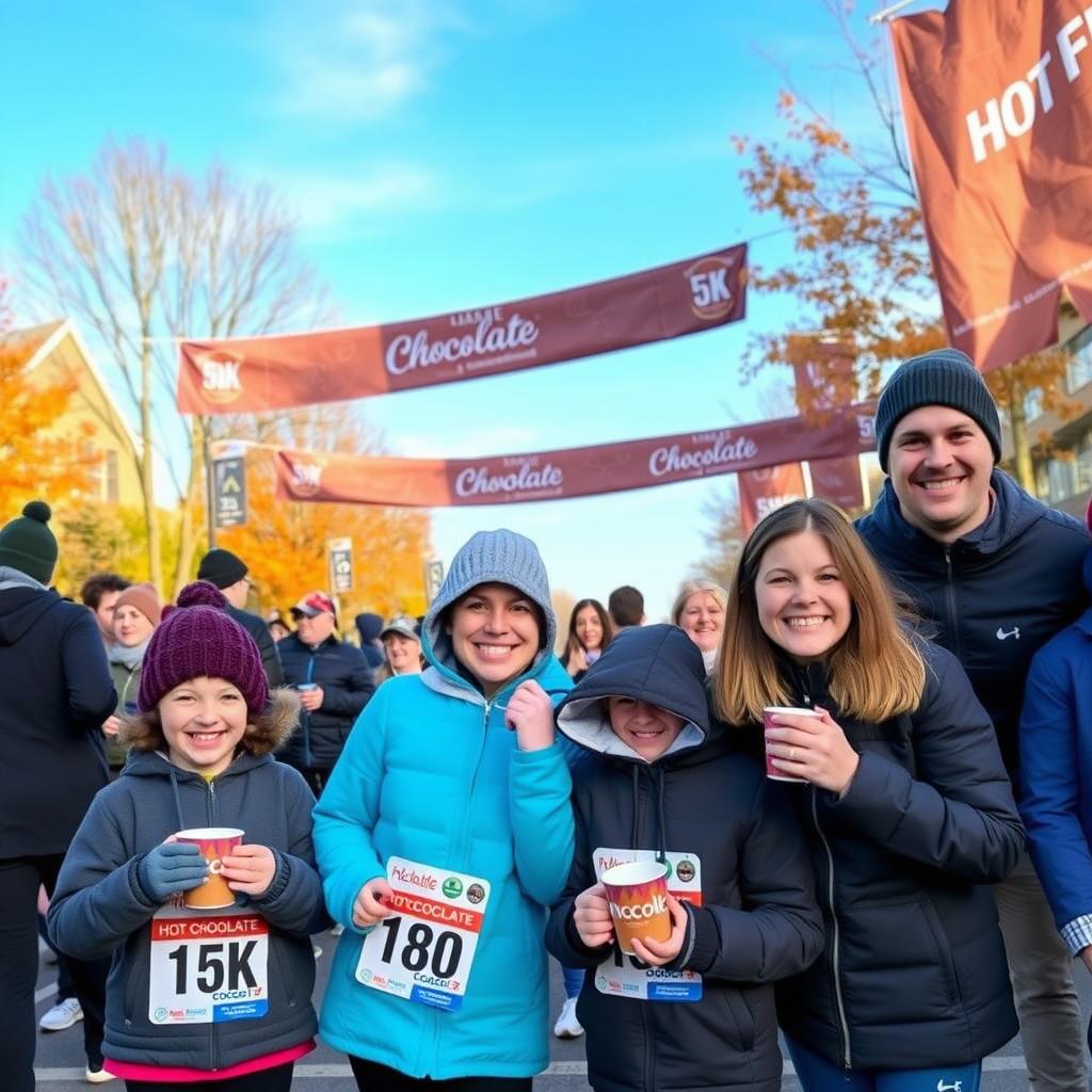 Families enjoying hot cocoa after completing a Hot Chocolate 5K race