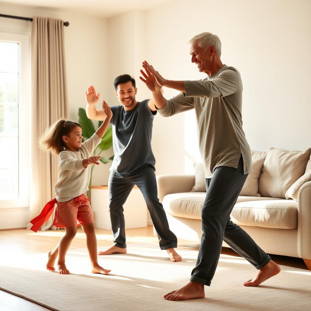 A family practicing Tai Chi together in their bright living room.