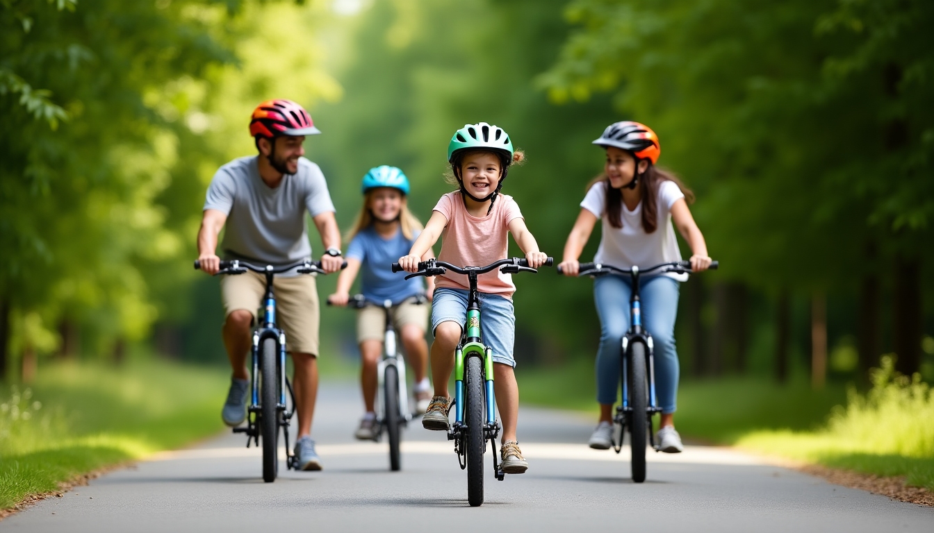 Family cycling on a nature trail