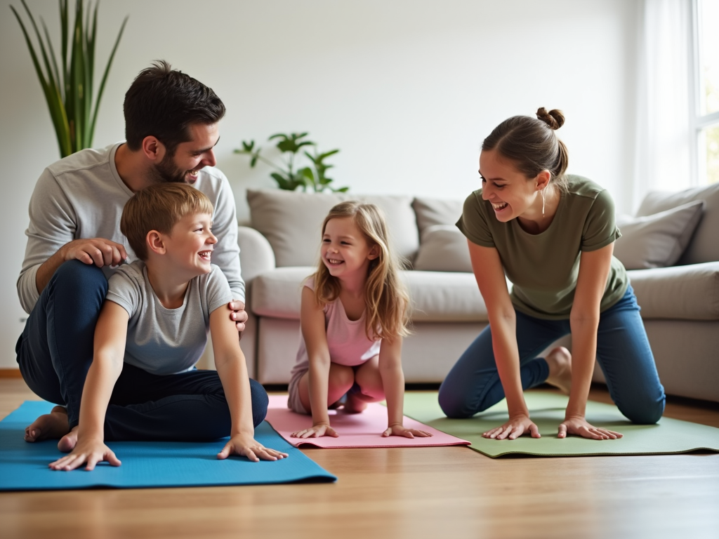 Family doing yoga together as part of a fitness challenge