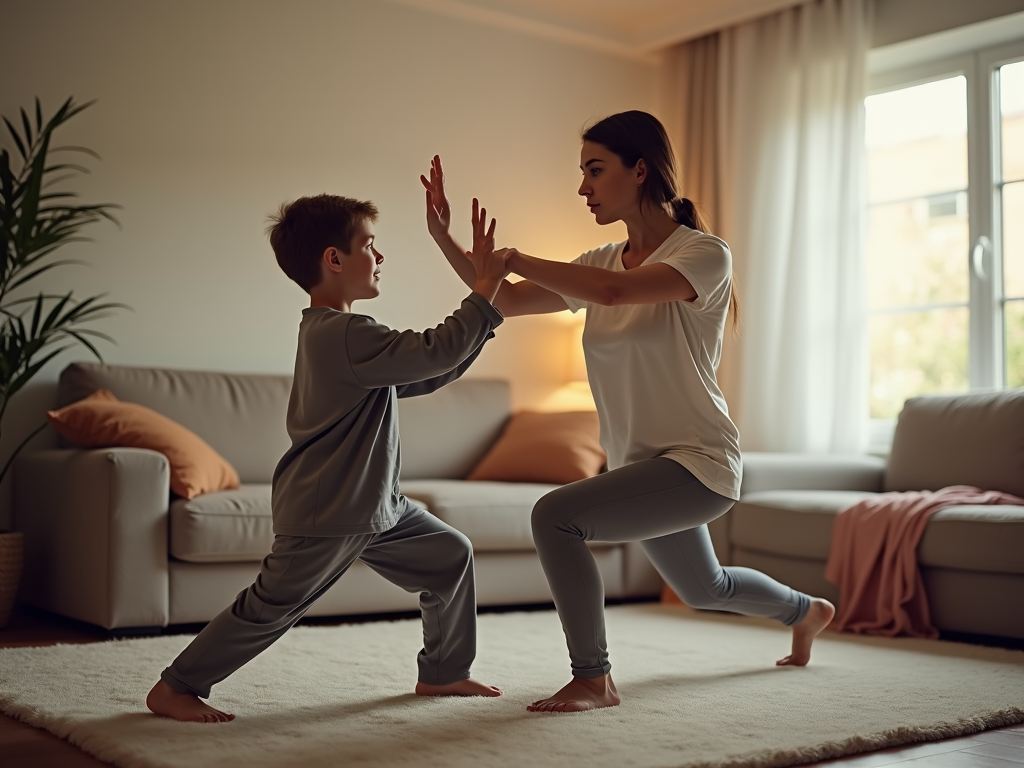 Parent and child doing Tai Chi at home
