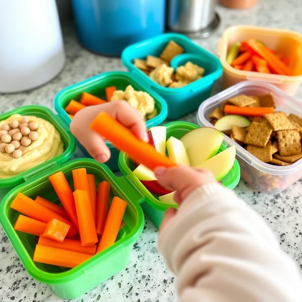 A vibrant display of healthy snacks, including hummus, carrots, and apples, on a kitchen counter.