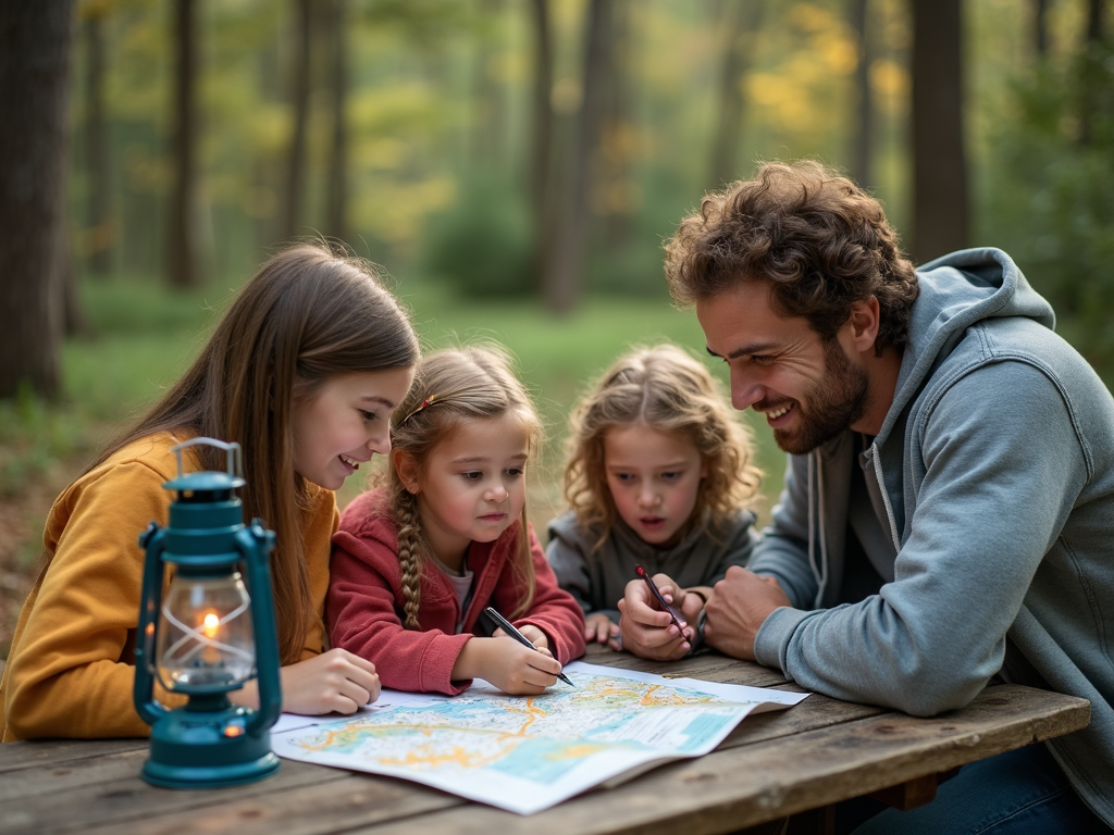 A family planning their camping activities at a picnic table.
