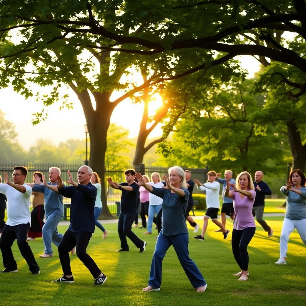 Group of diverse people practicing Tai Chi in a peaceful park at sunrise, surrounded by green trees and soft light.