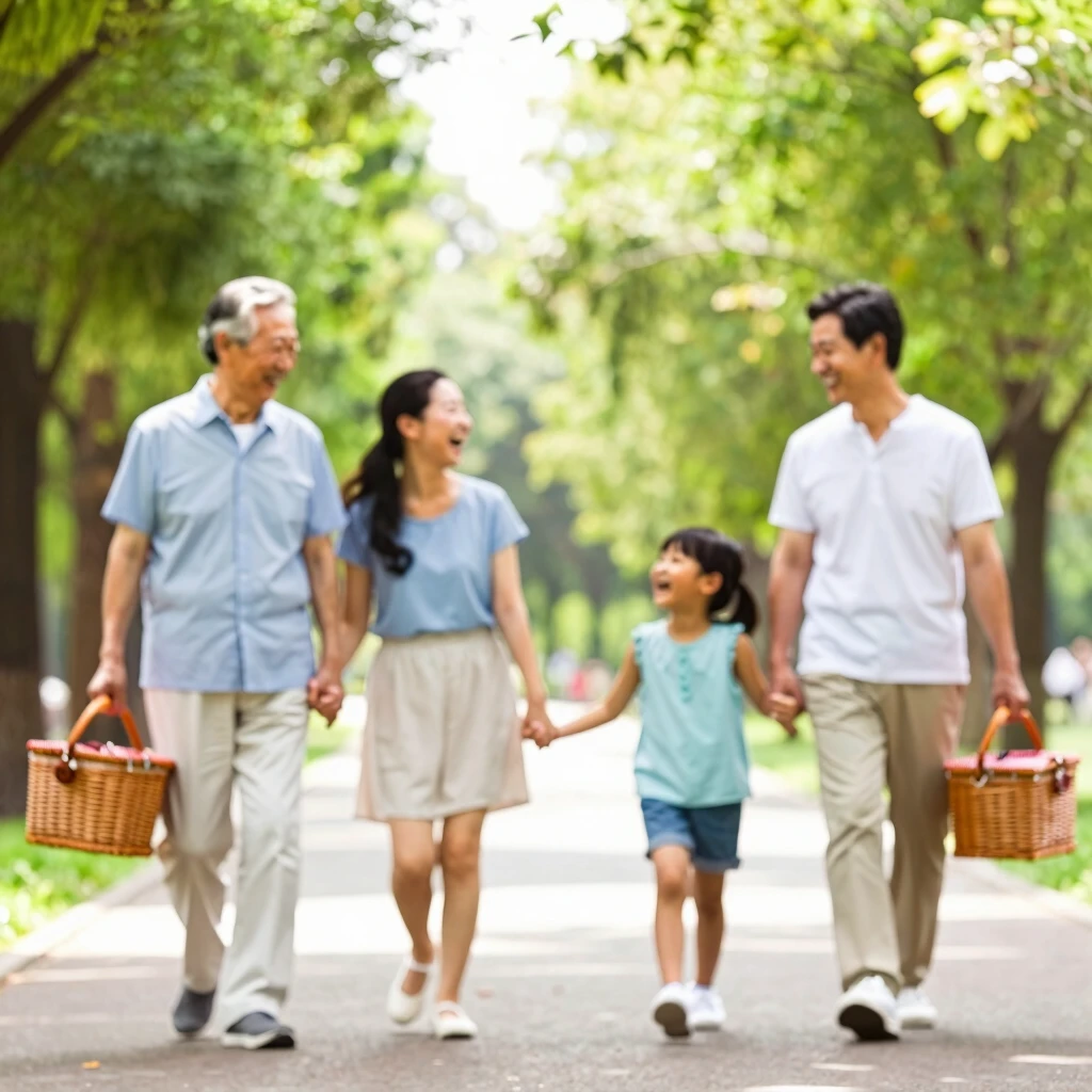 Multigenerational family enjoying a wellness walk in the park
