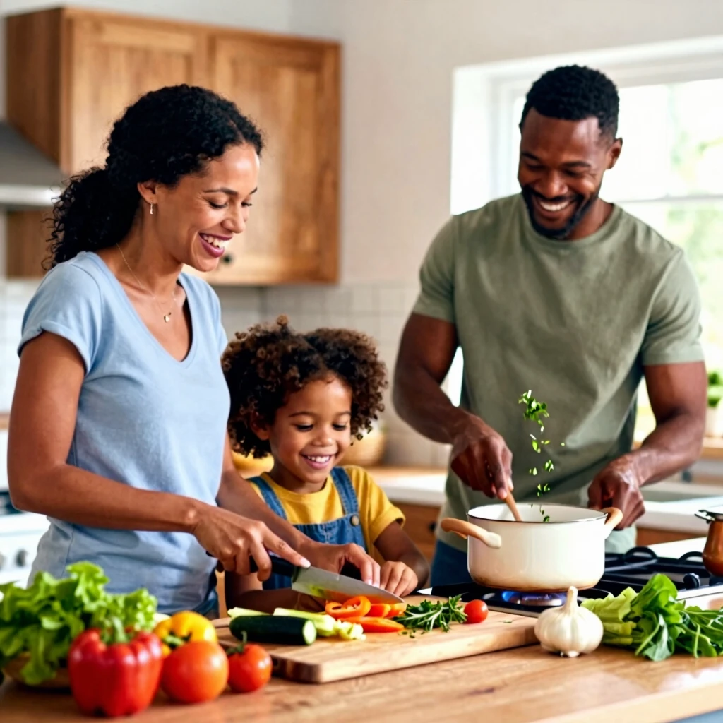 Family laughing while preparing a meal in the kitchen during mindful cooking session