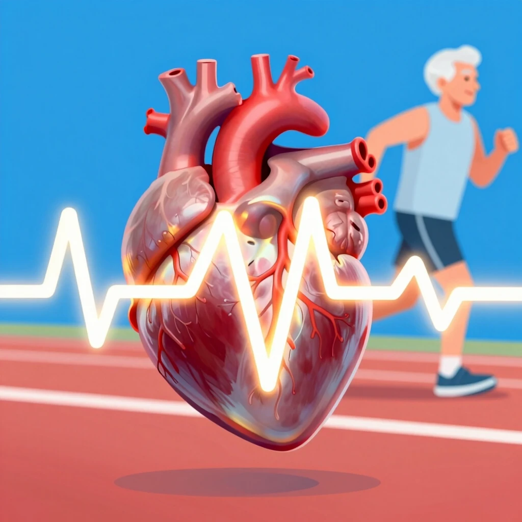 Illustration of a healthy heart with heartbeat line and active older adult in the background