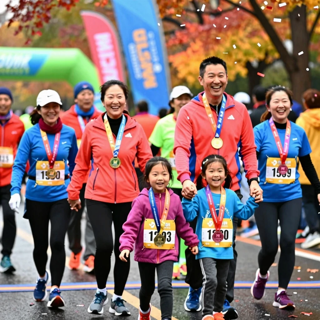 Families celebrating at the finish line of a 5K fun run