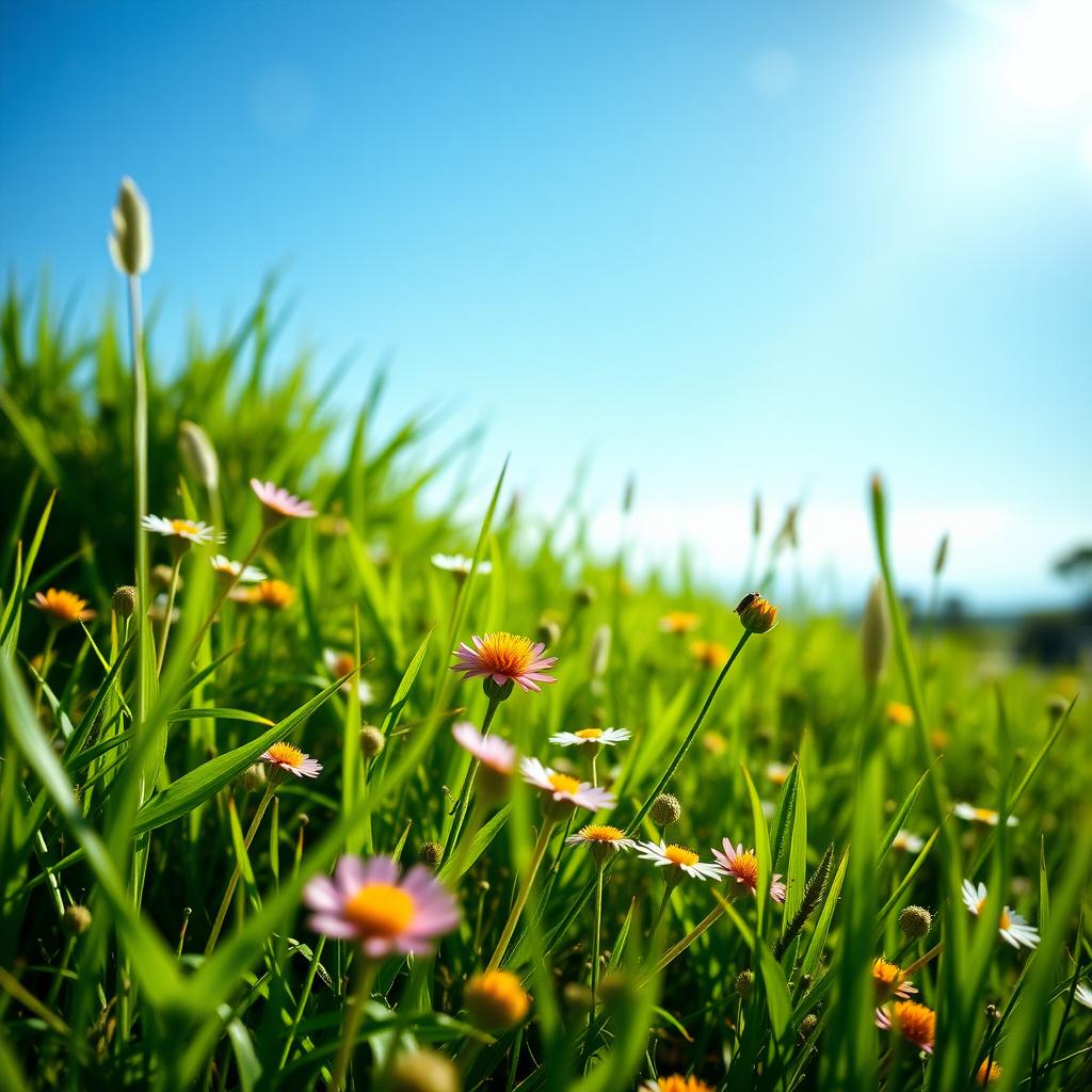 Vibrant meadow with wildflowers and pollen grains in the air under a clear blue sky.