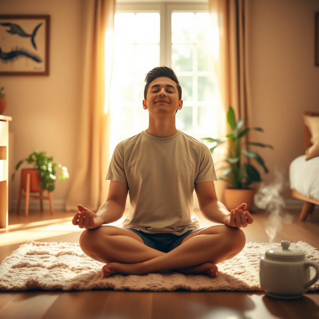 Parent practicing mindfulness in a cozy, sunlit living room