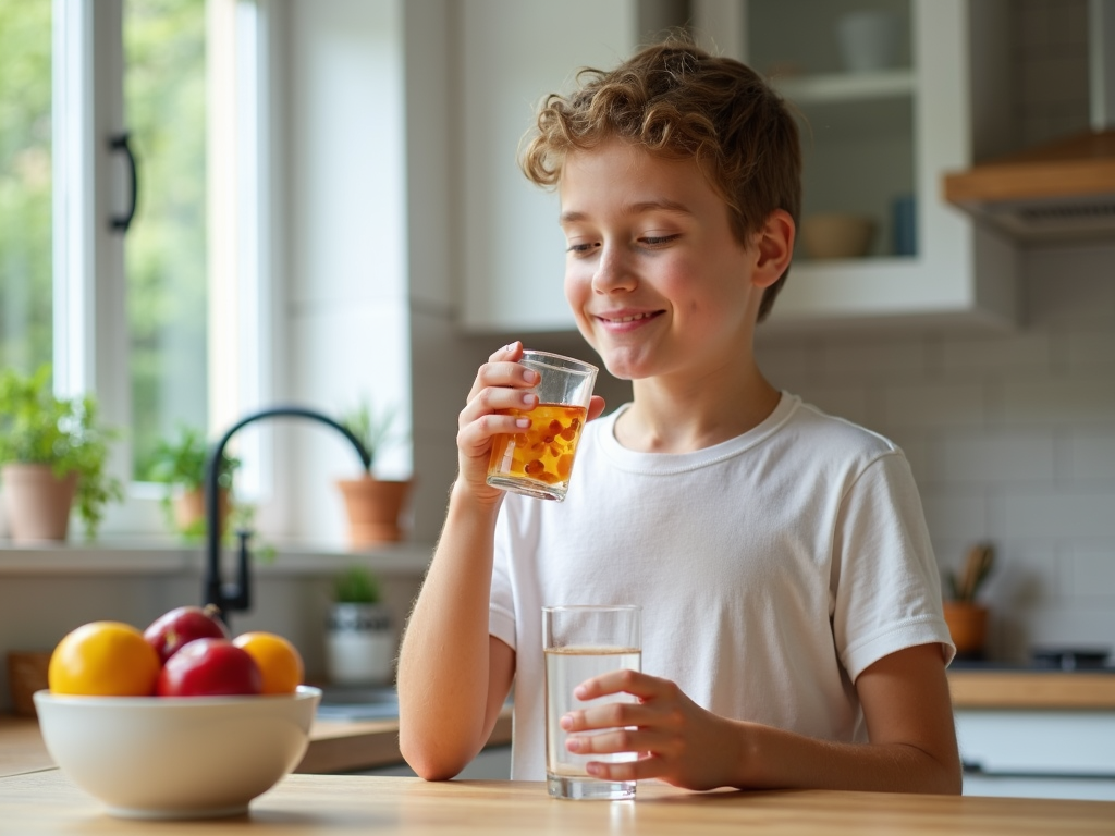 A teenager swallowing a multivitamin with water in a sunny kitchen, next to a bowl of fresh fruit.