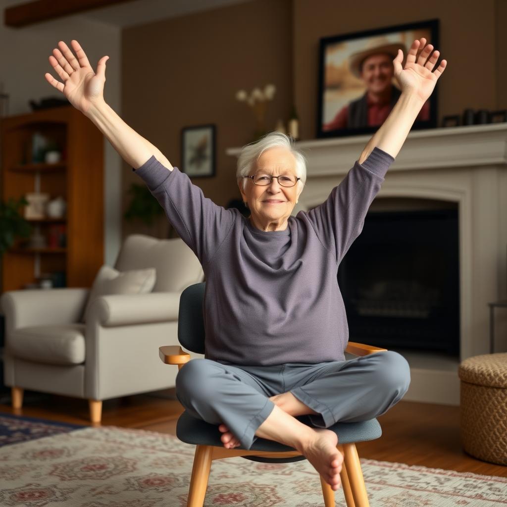 Senior practicing chair yoga for flexibility and relaxation.