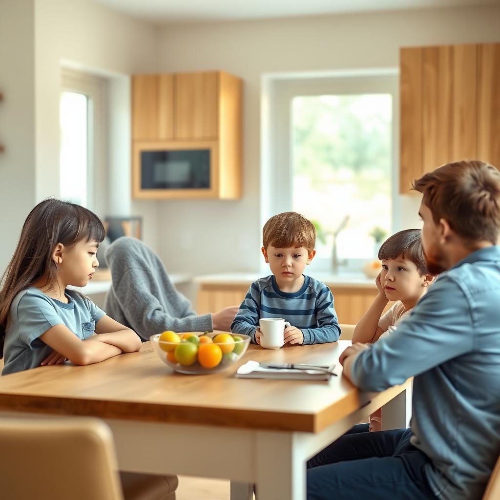 A family discussing calmly at a kitchen table, with parents listening to a frustrated child.