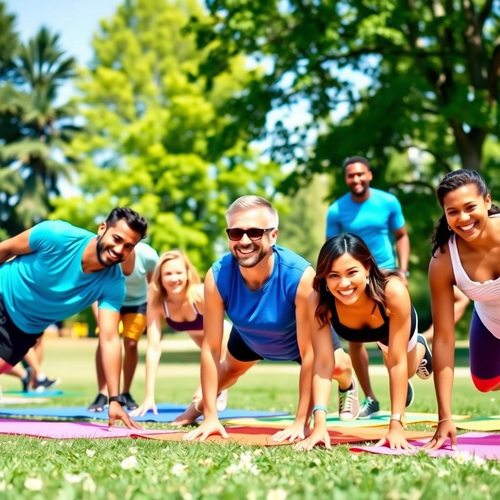 Diverse group doing a plank challenge in a sunny park, smiling and supporting each other.