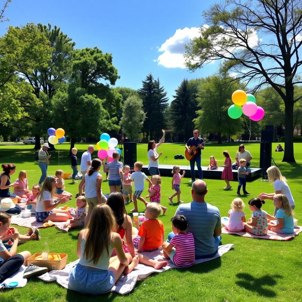 Families enjoying a community picnic in a sunny park.