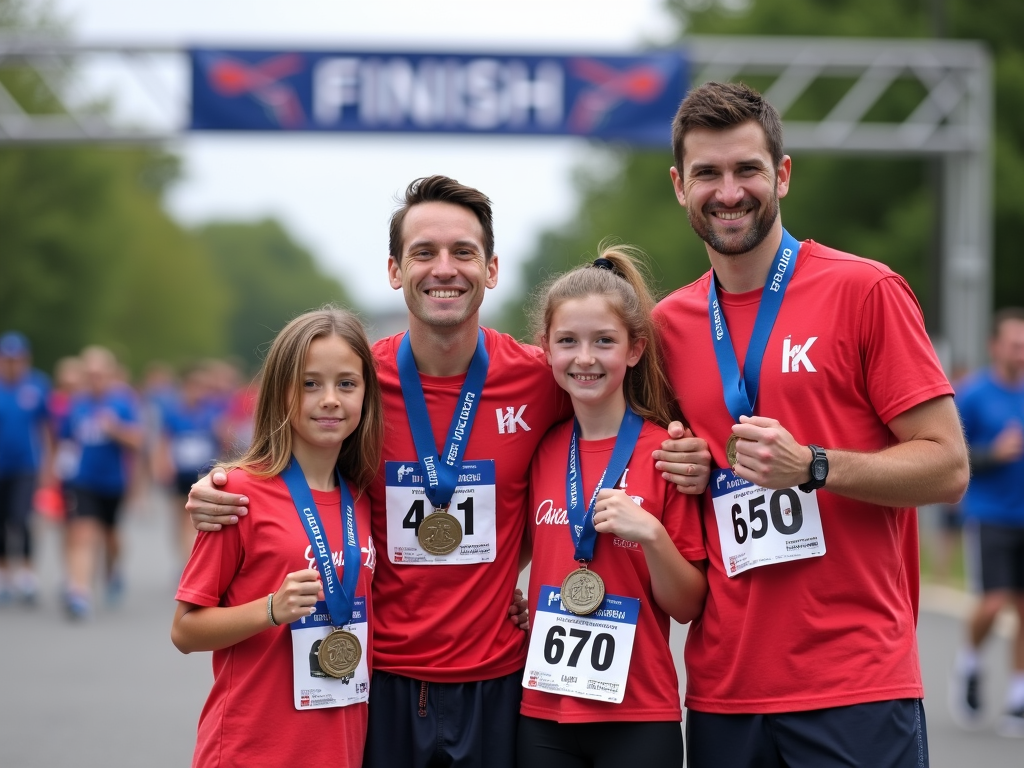 Family celebrating after a 5K race with medals