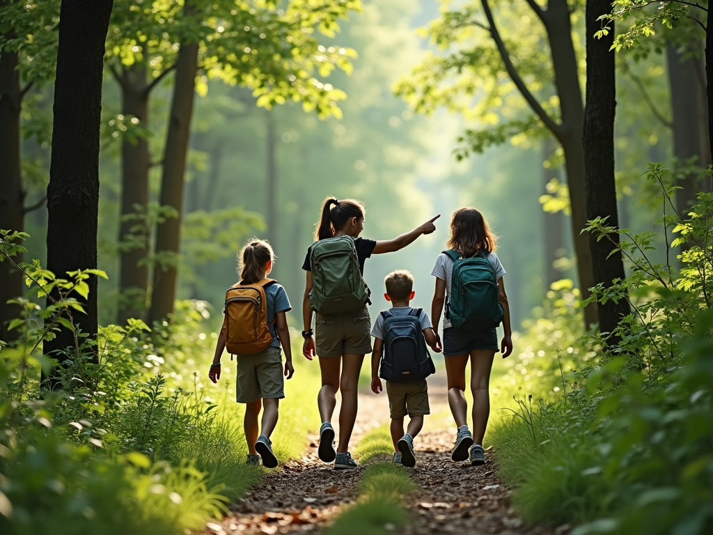 Family hiking in the woods