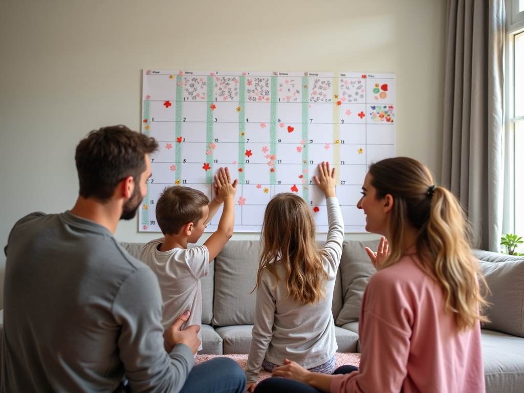A family celebrating their daily fitness achievement by marking their calendar.