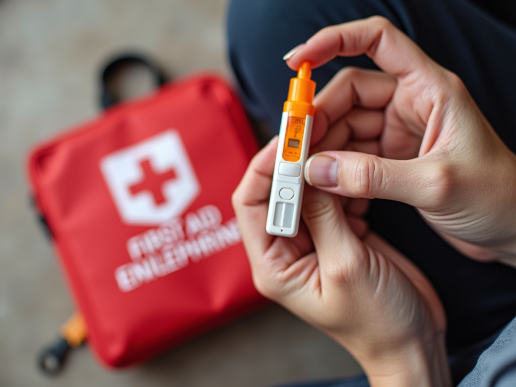 Person holding epinephrine auto-injector