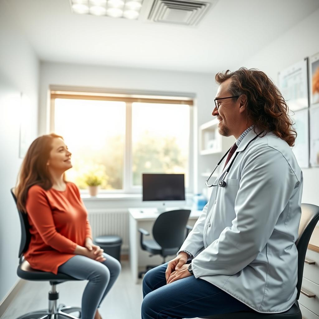 A doctor in a modern office discussing allergen immunotherapy with a patient.
