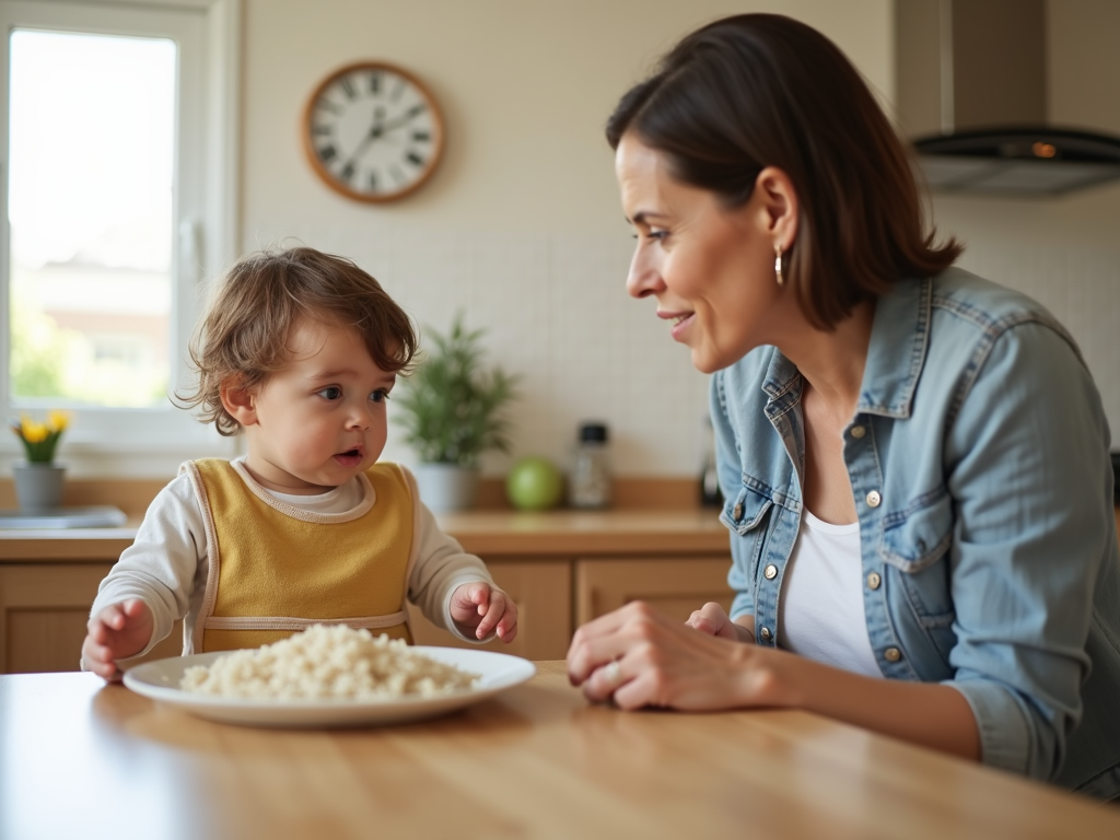 A toddler and parent at a kitchen table, managing food choices for acute FPIES.