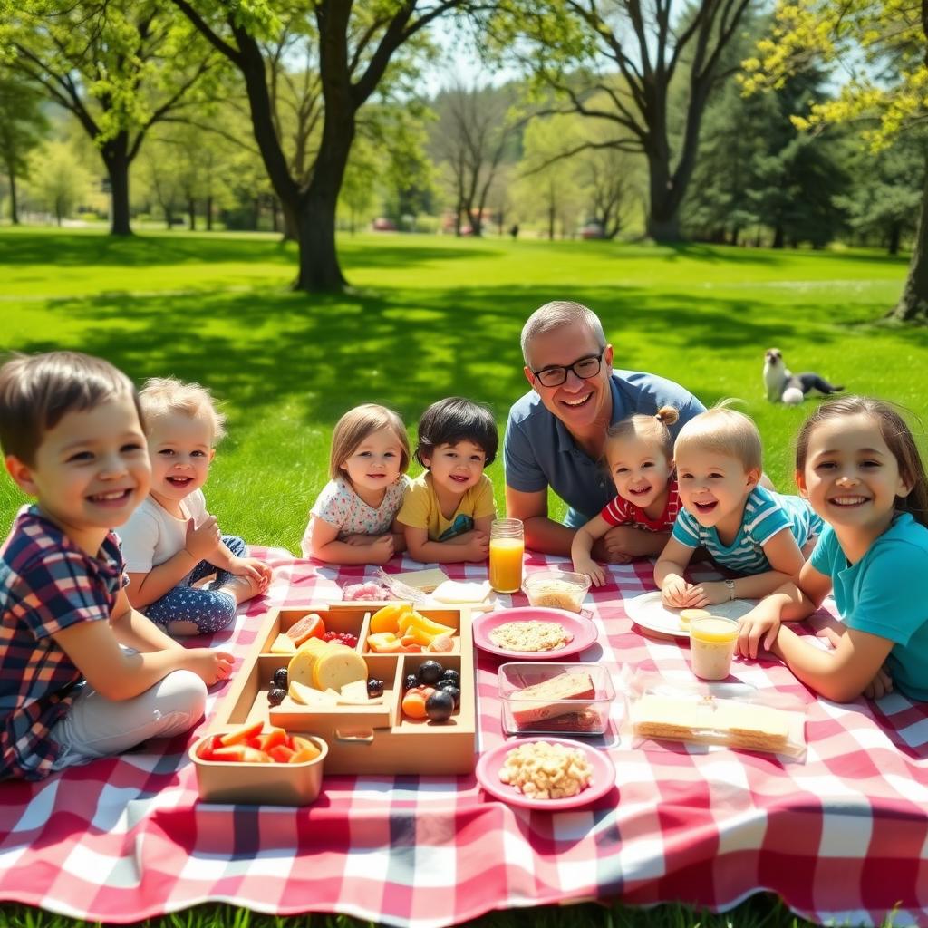 Children and parents enjoying a picnic with FPIES-safe snacks in a park