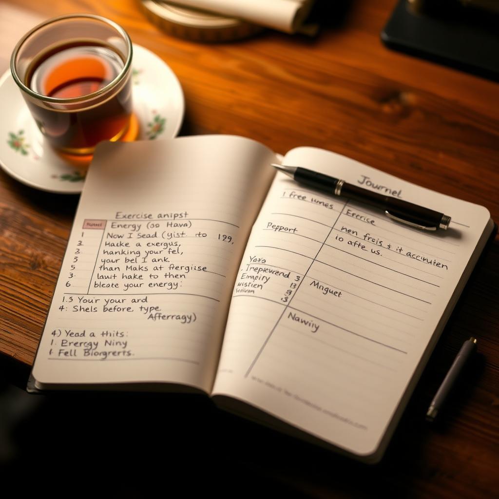 Journal on a desk tracking exercise and energy levels for chronic fatigue management.