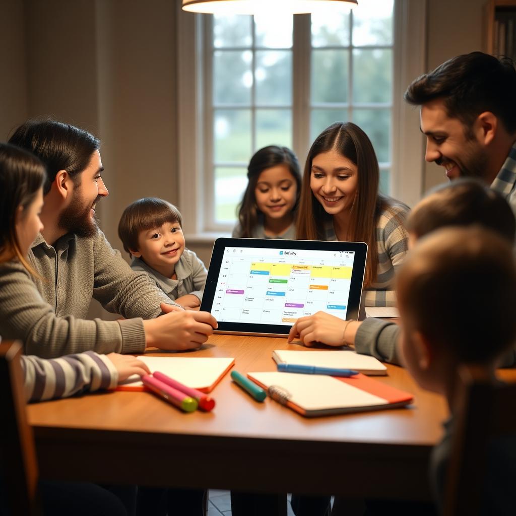 A family reviewing a visual schedule together at a dining table.