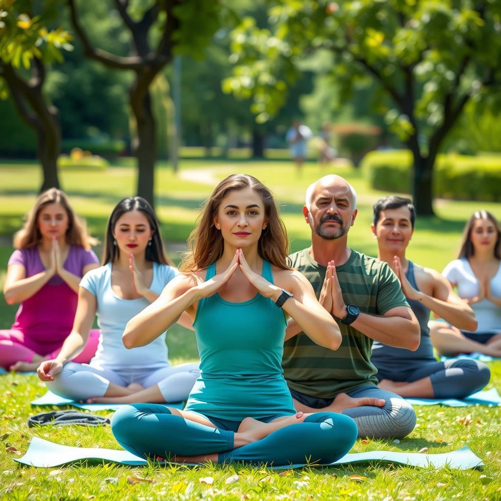 Group of diverse people doing yoga in a park