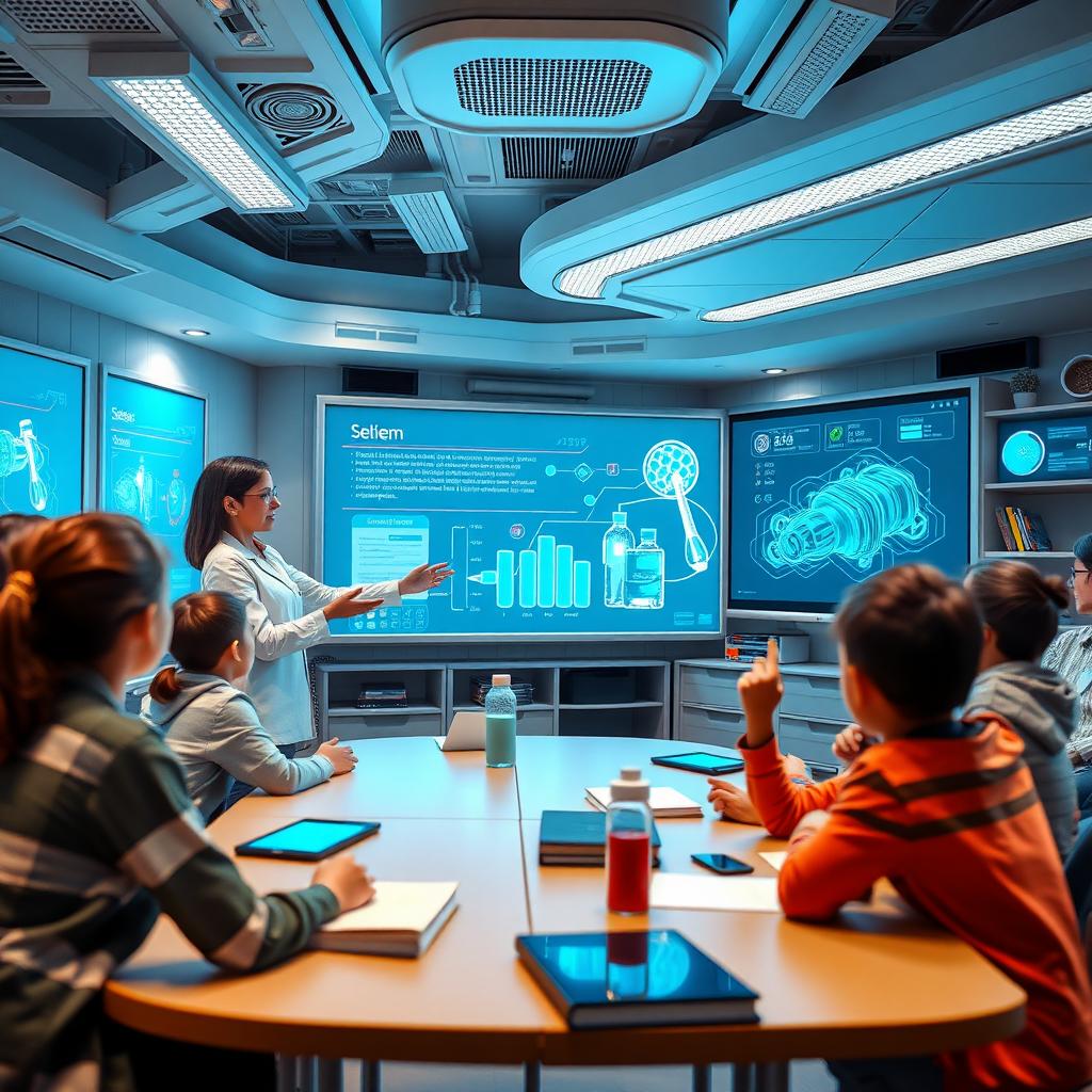 Teacher and AI hologram teach a science lesson to students in a high-tech, warm classroom.