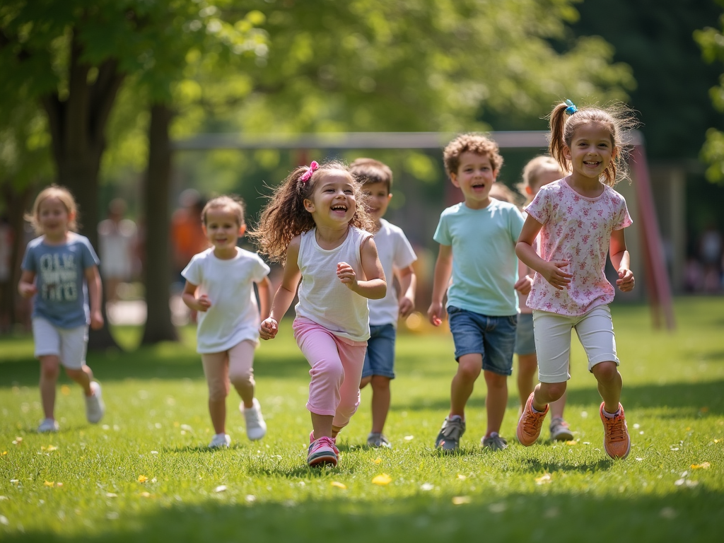 Children playing tag in a park