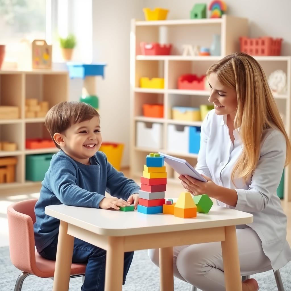 A child with autism engages in a therapy session, stacking colorful blocks with a therapist in a bright, welcoming room.