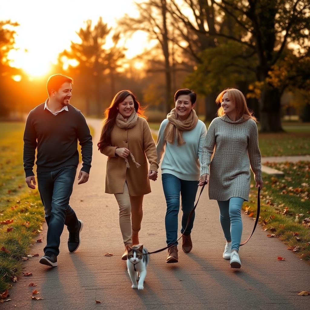 A family walks in a park at sunset with their cat on a leash, enjoying a peaceful evening.