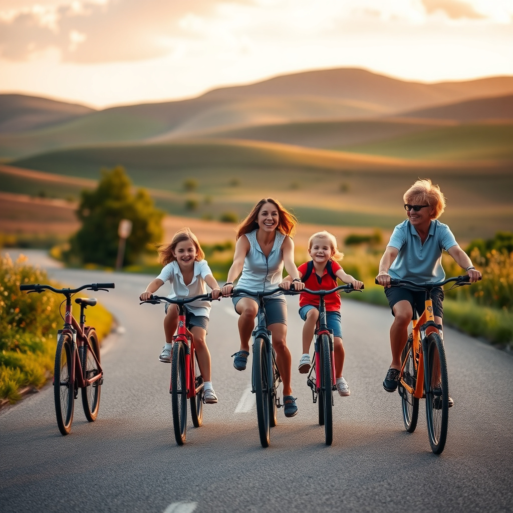 Family cycling together on a countryside path