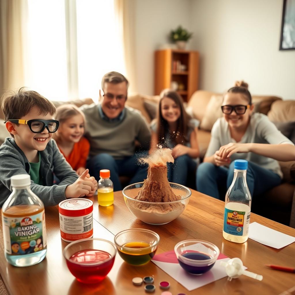 A family of four enjoys a science experiment at home, creating a small volcano with baking soda and vinegar in a cozy living room.