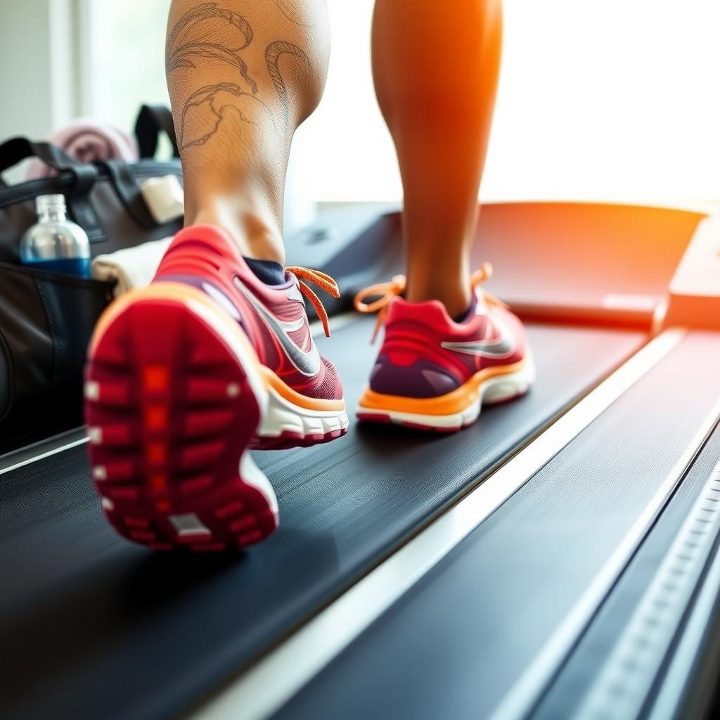 Close-up of runner’s feet in vibrant running shoes on a treadmill with a gym bag nearby