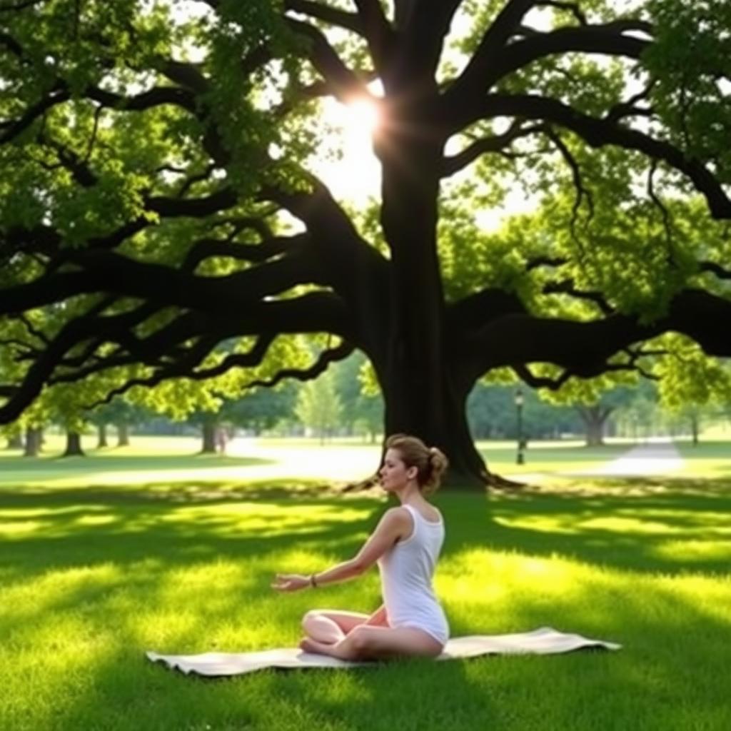 A person practices gentle yoga in a peaceful park, managing chronic fatigue symptoms.