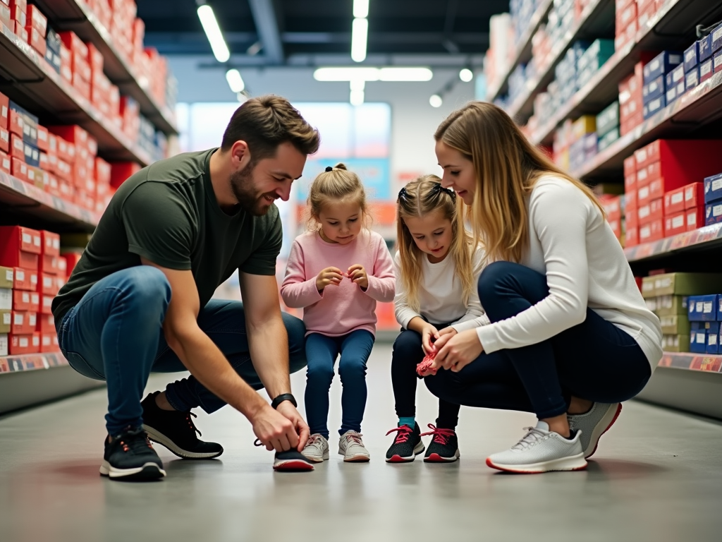 Family choosing running shoes together in a sports store