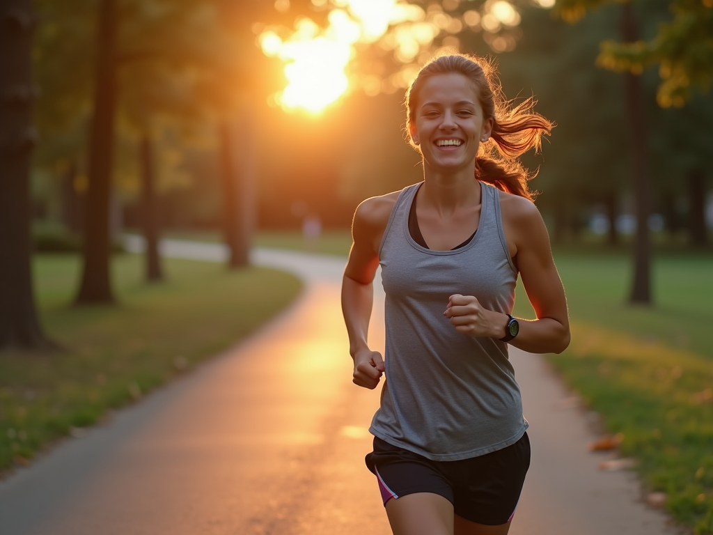 Beginner runner jogging happily on a park trail