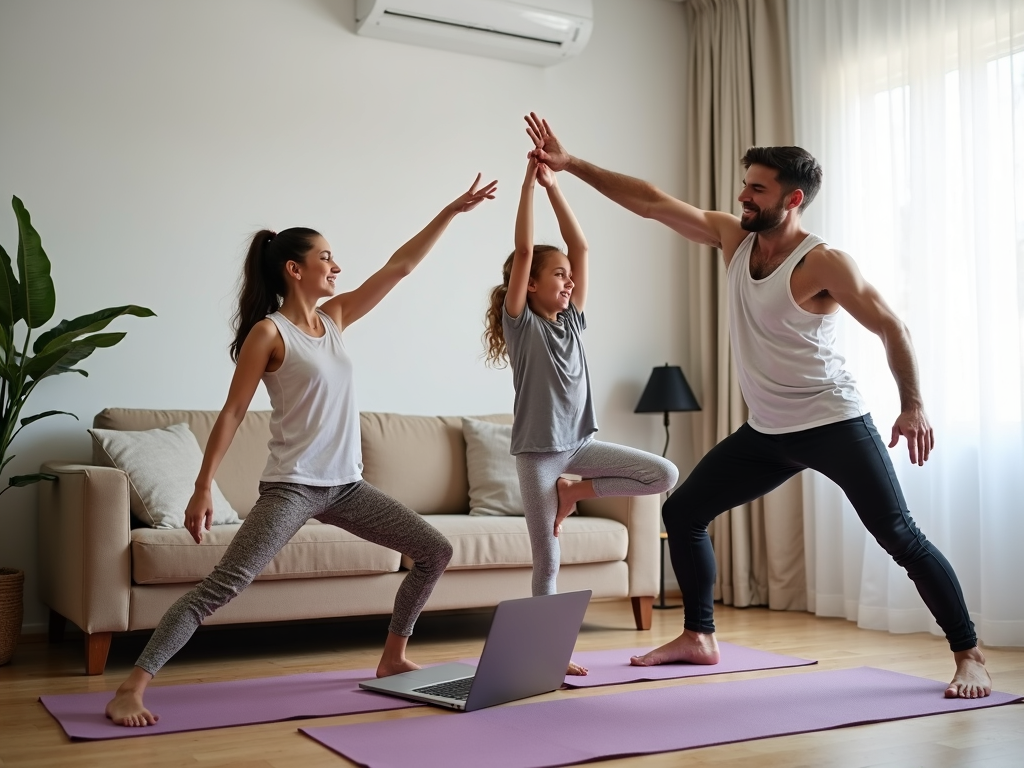 Family practicing yoga at home